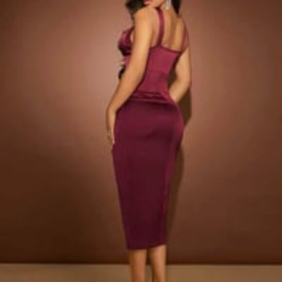 Deep v neck split thigh satin red Dress - Picture 2 of 3